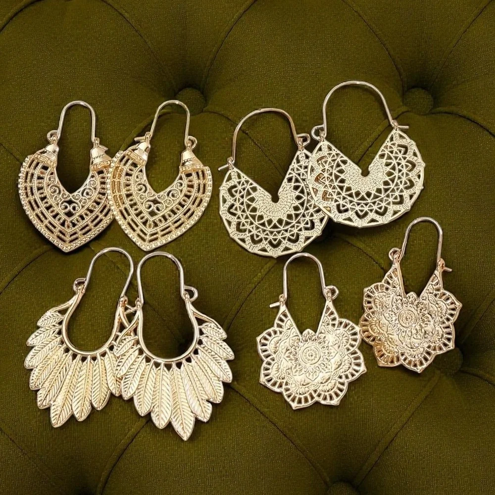 4 Pcs‎ New Gold Native Boho Aztec Patina Earrings Hoop Tribal Ornate Rustic